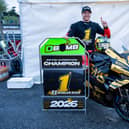 David Allingham celebrates winning the National Superstock 1000 Championship at Brands Hatch. (Photo by Ian Hopgood)