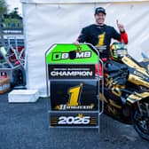David Allingham celebrates winning the National Superstock 1000 Championship at Brands Hatch. (Photo by Ian Hopgood)