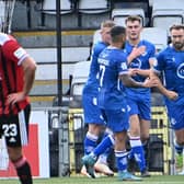 Loughgall have been the surprise package of this Premiership season so far. Here they celebrate after scoring against Crusaders. PIC: INPHO/Stephen Hamilton