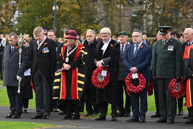 PACEMAKER BELFAST  13/11/2022
Duncan McCausland, deputy Lieutenant for County Down; Mayor of Ards and North Down Karen Douglas, Stephen Reid Chief Executive and Stephen Farry MP at Bangor Remembrance Service.