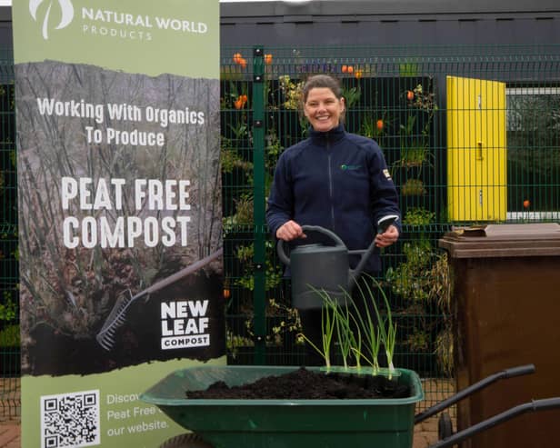 To mark International Compost Awareness Week, which is taking place from May 7 to 13, leading organics recycling company Natural World Products is partnering with local councils to offer householders free compost. Sharon McMaster, community outreach manager at NWP, is pictured with the compost that is made using discarded household organics from homes across Northern Ireland, a real demonstration of the impact of effective recycling. The scheme will enable ratepayers to collect bags of free compost from designated collection points across councils in the arc21 area