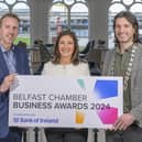 Paul McClurg, head of Belfast Business Banking, Bank of Ireland UK, broadcaster and launch event host, Jo Scott and Belfast Chamber President, Gavin Annon launching the 2024 Business Awards at Belfast’s Custom House
