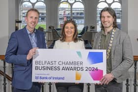 Paul McClurg, head of Belfast Business Banking, Bank of Ireland UK, broadcaster and launch event host, Jo Scott and Belfast Chamber President, Gavin Annon launching the 2024 Business Awards at Belfast’s Custom House