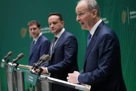 Minister Eamon Ryan, Taoiseach Leo Varadkar and Tanaiste Micheal Martin speaking at Government Buildings, Dublin as the Irish Government announces hundreds of millions of euro in funding for cross-border projects