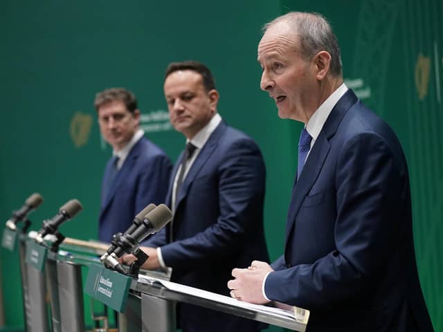 Minister Eamon Ryan, Taoiseach Leo Varadkar and Tanaiste Micheal Martin speaking at Government Buildings, Dublin as the Irish Government announces hundreds of millions of euro in funding for cross-border projects