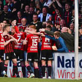 Crusaders players celebrate equalising after a deflected shot from Billy Joe Burns during their Europa Conference League qualifier against Rosenborg at Seaview, Belfast. PIC: Andrew McCarroll/ Pacemaker Press