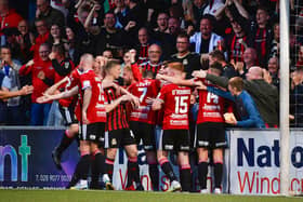 Crusaders players celebrate equalising after a deflected shot from Billy Joe Burns during their Europa Conference League qualifier against Rosenborg at Seaview, Belfast. PIC: Andrew McCarroll/ Pacemaker Press