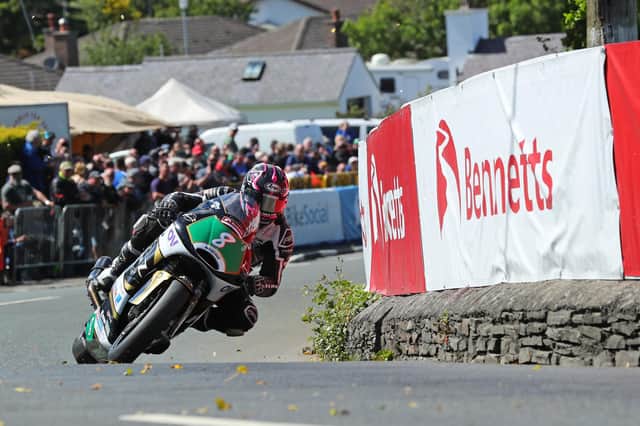 Paul Jordan on his way to third place in the Supertwin race at the Isle of Man TT in 2022.