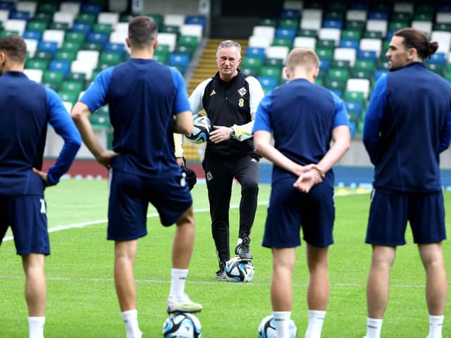 Northern Ireland manager Micheal O’Neill during Sunday’s training session at the National Stadium at Windsor Park, Belfast before Monday night’s UEFA Euro 2024 qualifier against Kazakhstan