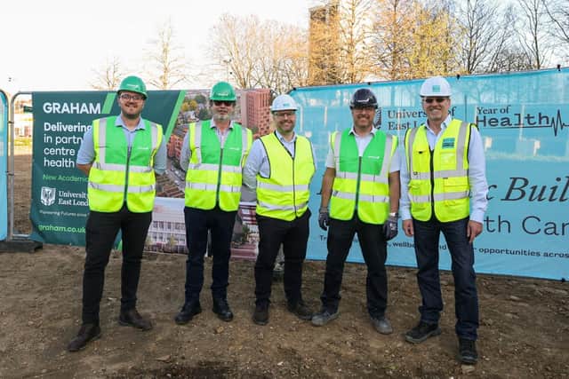 David Brisco, contracts manager at Graham, Jack Harrington, construction director at Graham, Edwin Birch, director of Development & Capital Delivery at UEL, Steven Bullen, senior project manager at Graham and Colin Bartlett, Programme Manager - Stratford Campus at UEL