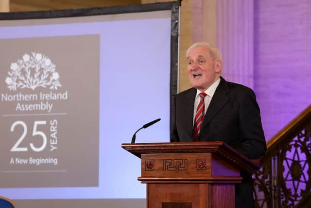 Former Taoiseach Bertie Ahern speaking during the ceremony to celebrate the 25th anniversary of the Belfast/Good Friday Agreement in the Great Hall at Stormont. Photo credit: William Cherry/Presseye/PA Wire
