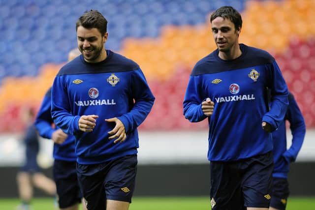Josh McQuoid (left) pictured during Northern Ireland training at the Amsterdam Arena in 2012.