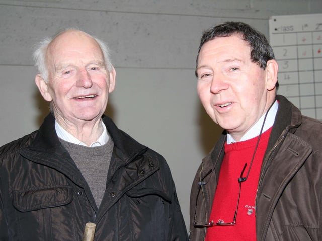 Judge Robbie Mulligan, Banbridge, chats to NI Simmental Club chairman Pat Kelly at the club's spring show and sale, Dungannon. Picture: Julie Hazelton