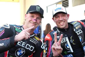 Peter Hickman with 8TEN Racing BMW team-mate Davey Todd at the Macau Grand Prix in November. (Photo by Stephen Davison/Pacemaker Press)