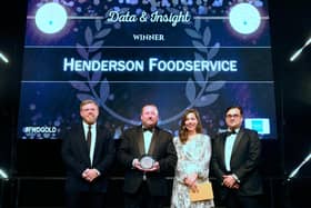 FWD Gold Medal Awards host Rob Beckett is pictured with Chris Palmer, product manager (Ecommerce and Loyalty) from Henderson Foodservice, receiving the award for Data & Insights. Also pictured is Tiffany Oliveria from category sponsor American Express and FWD Chairman Dawood Pervez