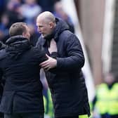 Rangers manager Philippe Clement (right) embraces Celtic manager Brendan Rodgers following the cinch Premiership match at Ibrox Stadium. (Photo by Andrew Milligan/PA Wire)