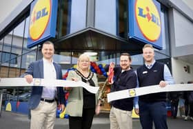 Gordon Cruikshanks, regional managing director, Lidl Northern Ireland, Lord Mayor of the Armagh City, Banbridge and Craigavon Borough Council Mary O’Dowd, Actor Owen James and Andrew ​Bouskill, Lidl Craigavon store manager