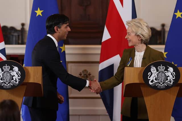 Rishi Sunak and Ursula von der Leyen unveiling the Windsor Framework last year. The deal dealt with more than trade - ensuring "no diminution" of rights applicable in Northern Ireland before Brexit.