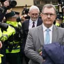Former DUP leader Sir Jeffrey Donaldson leaving Newry Magistrates' Court, with his solicitor John McBurney behind him. In the courtroom Mr McBurney had stood near his client in the doc. Photo: Brian Lawless/PA Wire