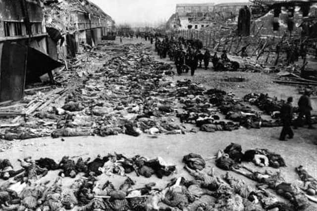 Image from the Dwight D. Eisenhower Presidential Library showing "a portion of the bodies found by U.S. troops when they arrived at Nordhausen concentration camp in Germany" (one of the smaller concentration camps), dated April 12, 1945