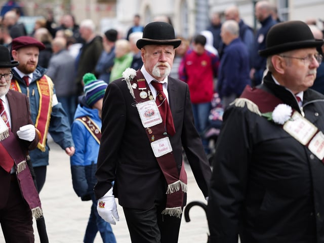 General view of the main Apprentice Boys of Derry parade as it makes its way through the centre of Lisburn.