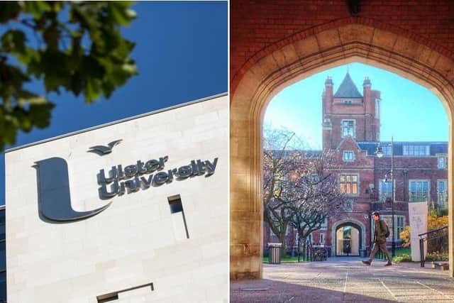 Images of the Province's two universities: Ulster University's Belfast campus, and the quad at Queen's University Belfast