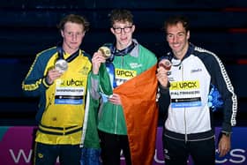 (L-R) Silver Medalist, Elijah Winnington of Team Australia, Gold Medalist, Daniel Wiffen of Team Ireland, and Bronze Medalist, Gregorio Paltrinieri of Team Italy pose with their medals after the Medal Ceremony for the Men's 800m Freestyle Final on day thirteen of the Doha 2024 World Aquatics Championships at Aspire Dome on February 14, 2024 in Doha, Qatar. (Photo by Quinn Rooney/Getty Images)