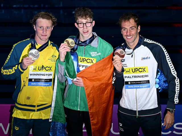 (L-R) Silver Medalist, Elijah Winnington of Team Australia, Gold Medalist, Daniel Wiffen of Team Ireland, and Bronze Medalist, Gregorio Paltrinieri of Team Italy pose with their medals after the Medal Ceremony for the Men's 800m Freestyle Final on day thirteen of the Doha 2024 World Aquatics Championships at Aspire Dome on February 14, 2024 in Doha, Qatar. (Photo by Quinn Rooney/Getty Images)