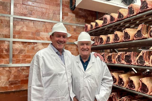 Peter Hannan, founder and managing director of Hannan Meats, left, with chef/broadaster Nick Stein in the world’c biggest complex of Himalayan salt chambers for ageing meat at Hannan Meats in Moira