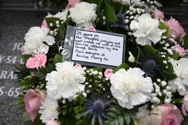 Flowers and messages are seen during the memorial service on August 13, 2023 in Omagh  (Photo by Charles McQuillan/Getty Images)