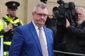 Jeffrey Donaldson leaving Newry Crown Court during his sex abuse trial. Pic: Brian Lawless/PA Wire