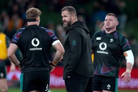 Ireland head coach Andy Farrell speaks to Josh van der Flier before Saturday's game against South Africa at the Aviva Stadium in Dublin. (Photo by Niall Carson/PA Wire)