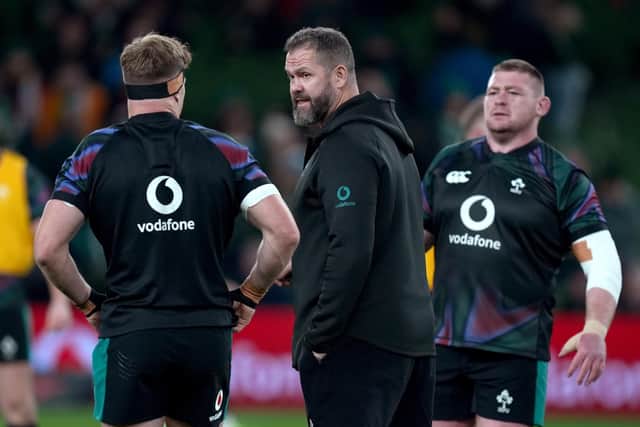 Ireland head coach Andy Farrell speaks to Josh van der Flier before Saturday's game against South Africa at the Aviva Stadium in Dublin. (Photo by Niall Carson/PA Wire)