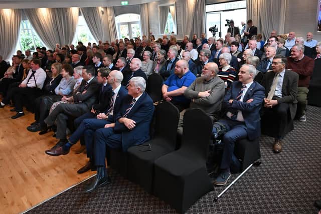 TUV supporters at the party's annual conference at the Rosspark Hotel near Ballymena on Saturday March 16. Some of them shouted 'shame' as TUV councillor Ron McDowell told them about unionist councillors posing with the new statues on International Women's Day. Picture:  Presseye/Stephen Hamilton