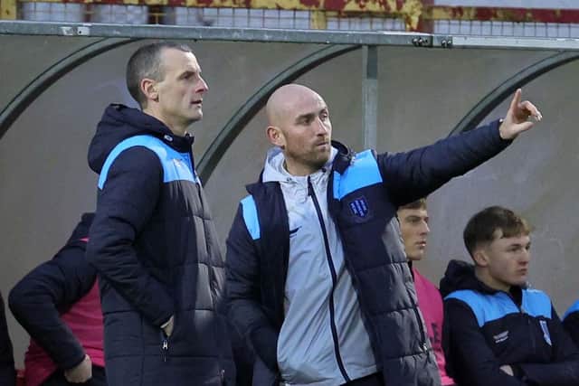 Ballymena United assistant manager Barry Johnston (right) and boss Oran Kearney. (Photo by David Maginnis/Pacemaker Press)