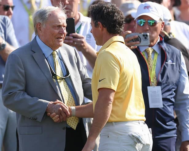 Northern Ireland's Rory McIlroy shakes hands with Tournament Host Jack Nicklaus after his final round of the Memorial Tournament