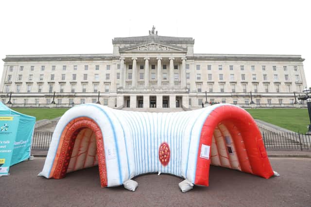 Inflatable interactive experience used to visualise the various stages of bowel cancer, at the front Parliament Buildings at Stormont. Photo: Liam McBurney/PA Wire