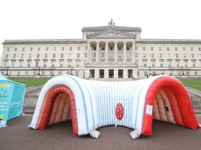 Inflatable interactive experience used to visualise the various stages of bowel cancer, at the front Parliament Buildings at Stormont. Photo: Liam McBurney/PA Wire