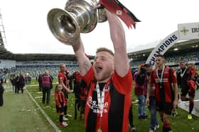 David Cushley celebrates winning the Irish Cup with Crusaders in 2019. PIC: Inpho/Stephen Hamilton