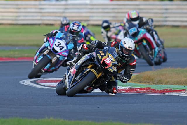 Richard Kerr (AMD Motorsport Honda) leads Alastair Seeley (IFS Yamaha) and Eunan McGlinchey (McAdoo Kawasaki) at the start of the 45th Sunflower Trophy race at Bishopscourt on Saturday. Picture: Rod Neill/Pacemaker Press