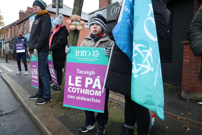 Teachers from five unions are taking part in the half-day industrial action, mainly due to a long-running dispute over pay.
There will be further disruption on Friday as school support staff stage a 24-hour strike.
