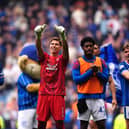 Rangers goalkeeper Ivor Pandur salutes the fans following Premier Sports Cup quarter-final success over Celtic at Ibrox. (Photo by Andrew Milligan/PA Wire)