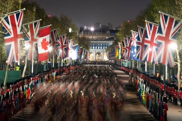 A night time rehearsal in central London for the coronation of King Charles III, which will take place this weekend. Picture date: Wednesday May 3, 2023. PA Photo. Photo credit: James Manning/PA Wire
