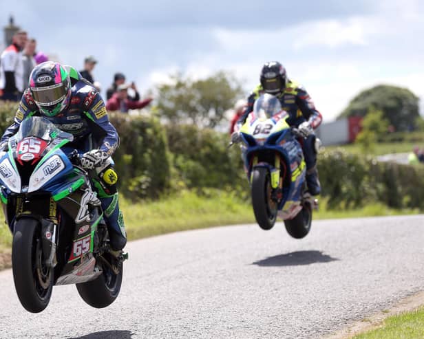 Michael Sweeney (MJR BMW) and Derek Sheils (Burrows/RK Racing Suzuki)  in action at the Kells road races in Co Meath in 2019. (Photo by Stephen Davison/Pacemaker Press)