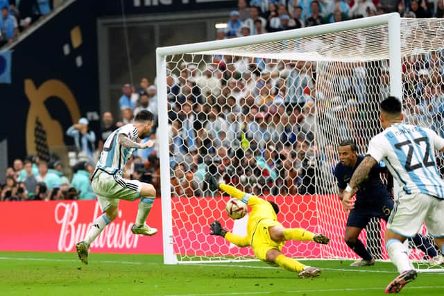 Argentina's Lionel Messi scores his side's third goal of the game during the FIFA World Cup final against France at Lusail Stadium, Qatar on Sunday.
