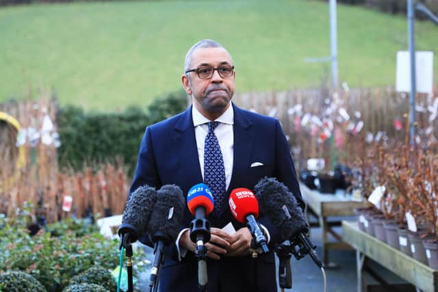 Foreign Secretary James Cleverly speaks to the media at Saintfield Garden Centre and Nursery, in Co Down.