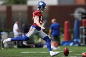 Jude McAtamney, from Swatragh in Co Londonderry, performing drills for the New York Giants in June 2024 in East Rutherford, New Jersey.  (Photo by Luke Hales/Getty Images)