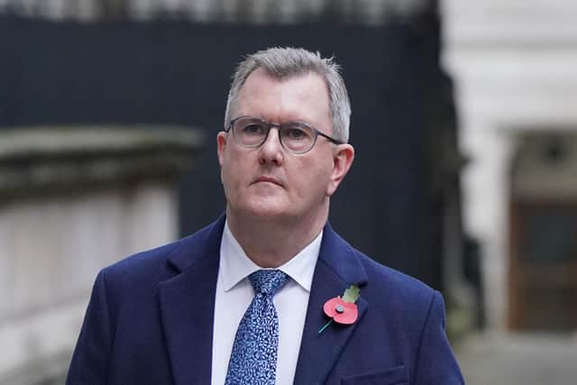 Sir Jeffrey Donaldson, leader of the DUP, in Downing Street, London, ahead of the Remembrance Sunday service at the Cenotaph, in Whitehall, London. Picture date: Sunday November 13, 2022. PA Photo. See PA story MEMORIAL Remembrance. Photo credit should read: Jonathan Brady/PA Wire