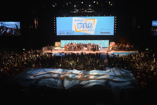 The scene at the SSE Arena, Belfast, on Monday night at the attending the One Young World summit, which has brought 2,000 future leaders from across the globe to Belfast to discuss some of the biggest issues facing the world and how to accelerate social impact