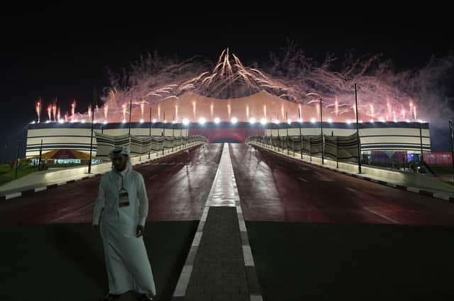 Fireworks are seen above the stadium during the opening ceremony of the FIFA World Cup 2022 at the Al Bayt Stadium in Al Khor, Qatar